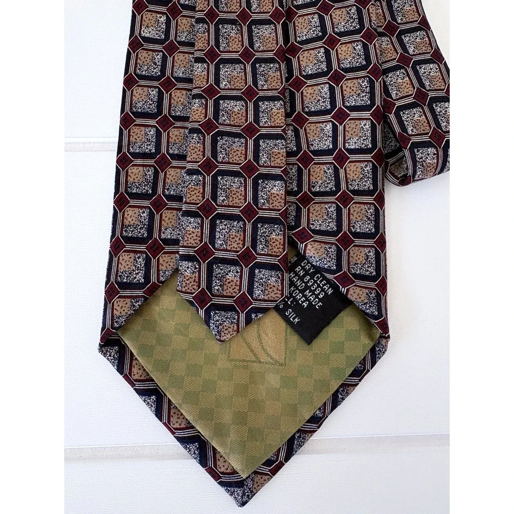 Ron Chereskin Silk Tie Handmade Korea Geometric 90s Burgundy Cream Beige 58.5